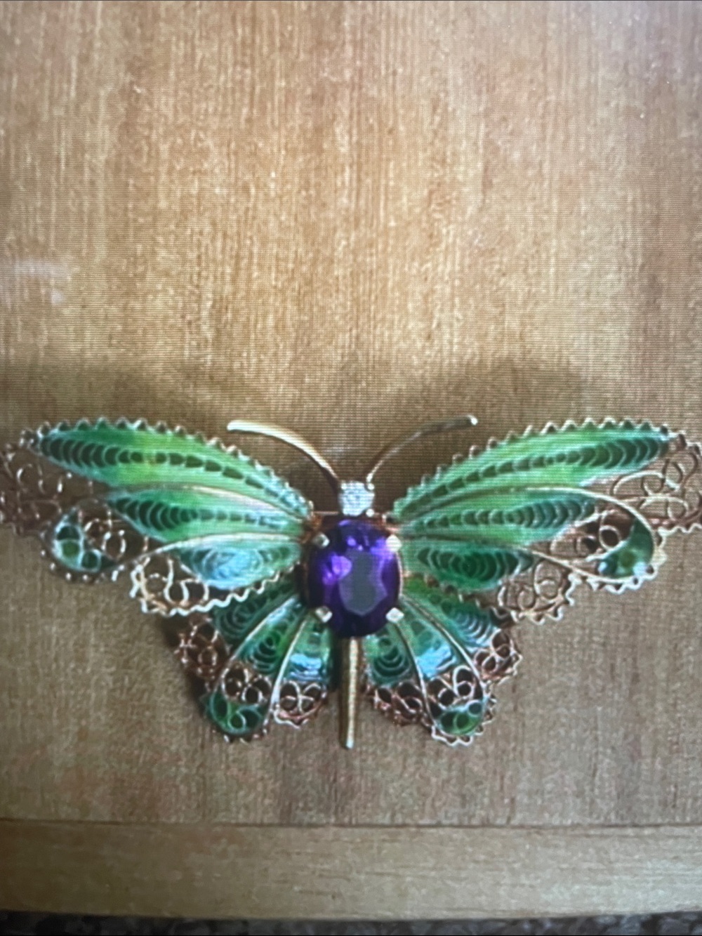 Green Enamel,Diamond and Amethyst Brooch in 14k yellow gold Filigree